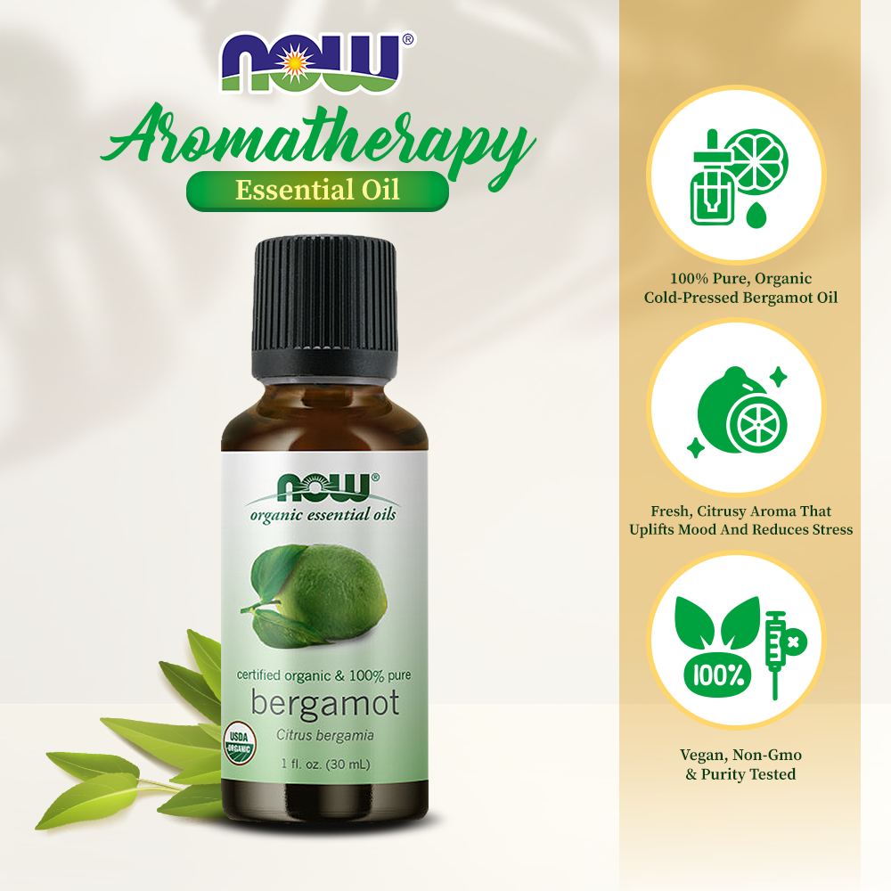 NOW Essential Oils, Organic Bergamot Oil, Sweet Aromatherapy Scent, Cold Pressed, 100% Pure, Vegan, Child Resistant Cap, 1-Ounce (30ml) Essential oils NOW Foods USA