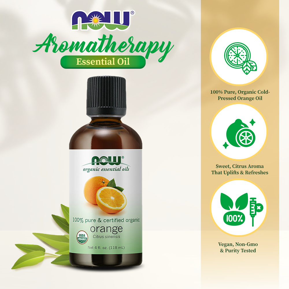 NOW Essential Oils, Organic Orange Oil, Uplifting Aromatherapy Scent, Cold Pressed, 100% Pure, Vegan, Child Resistant Cap, 4-Ounce (30ml) (118 ml) Essential oils NOW Foods USA