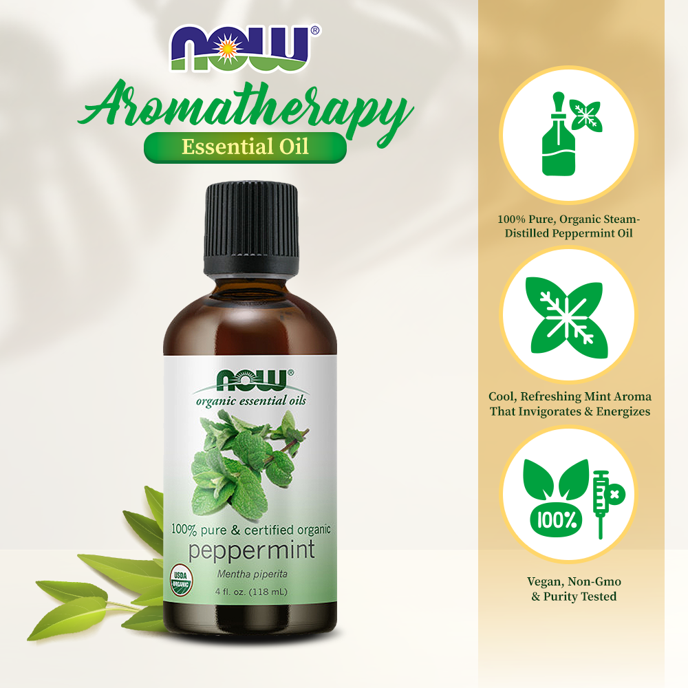 NOW Essential Oils, Organic Peppermint Oil, Invigorating Aromatherapy Scent, 100% Pure, 4-Ounce (118 ml) Essential oils NOW Foods USA