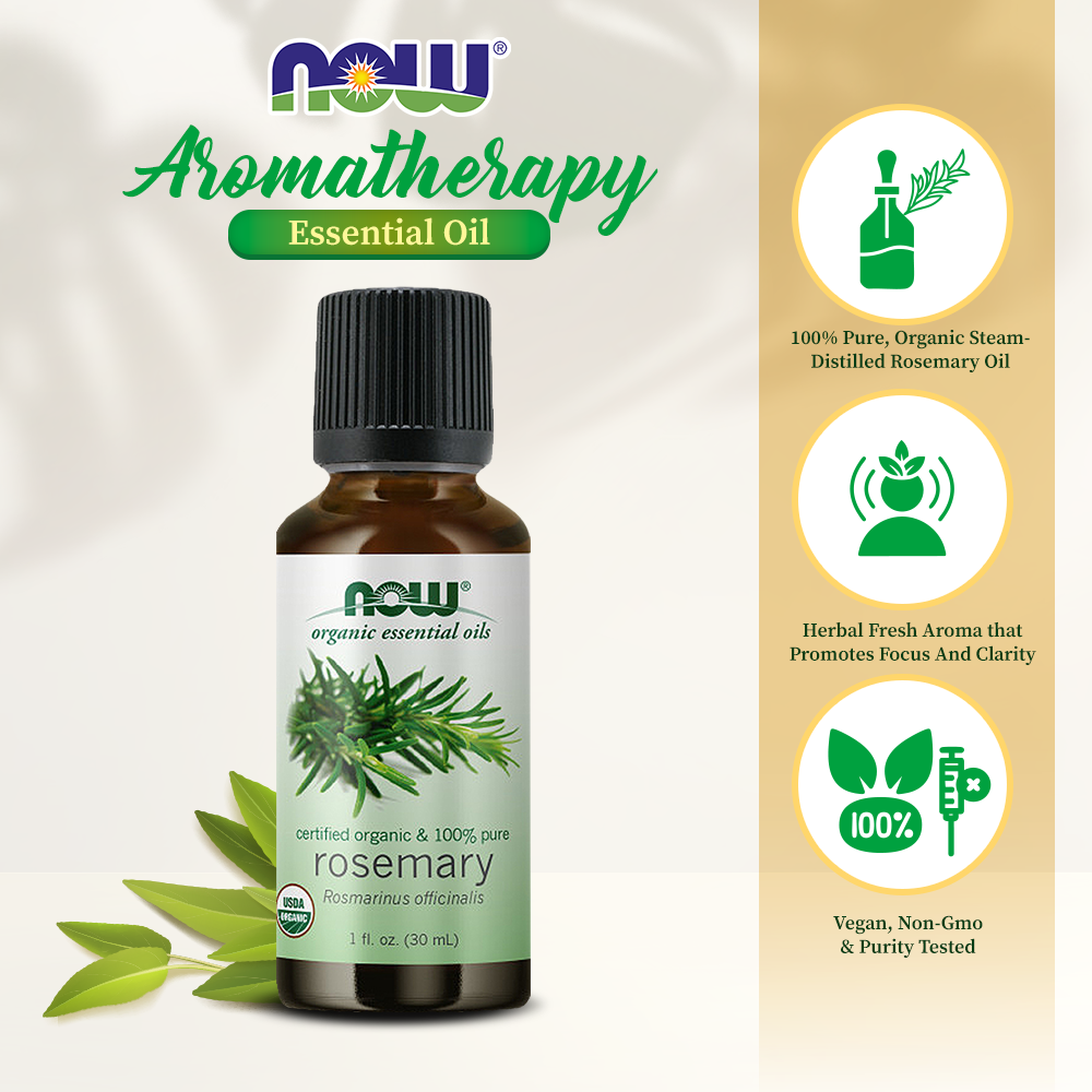 NOW Essential Oils, Organic Rosemary Oil, Purifying Aromatherapy Scent, Steam Distilled, 100% Pure, Vegan, Child Resistant Cap, 1-Ounce (30ml) Essential oils NOW Foods USA