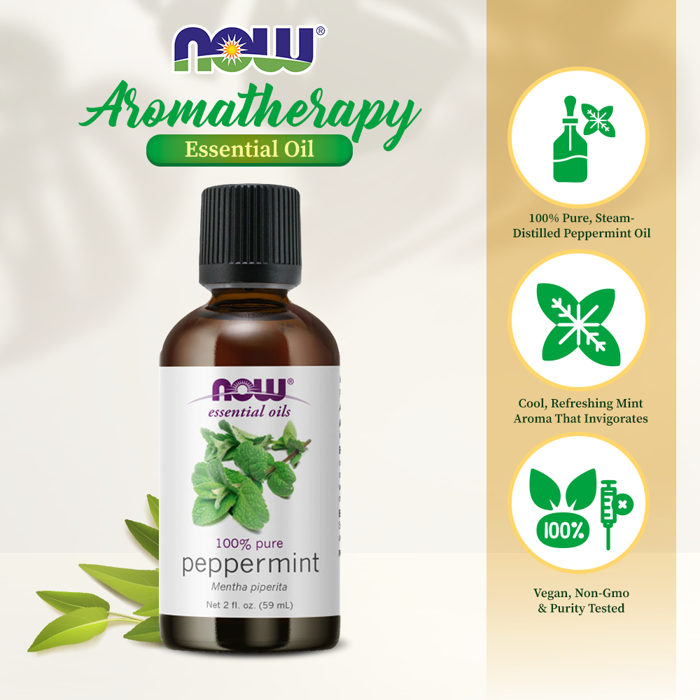 NOW Essential Oils, Peppermint Oil, Invigorating Aromatherapy Scent, Steam Distilled, 100% Pure, Vegan, Child Resistant Cap, 2-Ounce (59ml) Essential oils NOW Foods USA