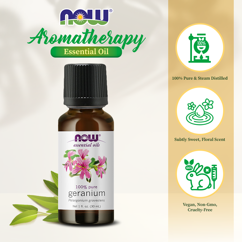 NOW Essential Oils, Geranium Oil, Soothing Aromatherapy Scent, Steam Distilled, 100% Pure, Vegan, Child Resistant Cap, 1-Ounce (30ml) Essential oils NOW Foods USA