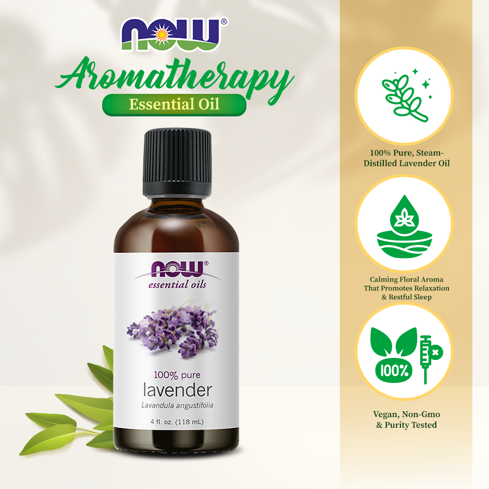 NOW Essential Oils, Lavender Oil, Soothing Aromatherapy Scent, Steam Distilled, 100% Pure, Vegan, 4-Ounce (118 ml) Essential oils NOW Foods USA