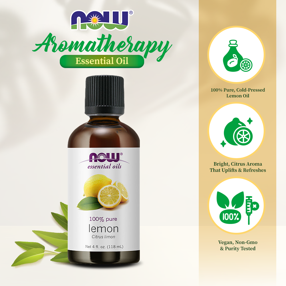 NOW FOODS Essential Oils, Lemon Oil, Cheerful Aromatherapy Scent, Cold Pressed, 100% Pure, Vegan, Child Resistant Cap, 4-Ounce (118 ml) Essential oils NOW Foods USA