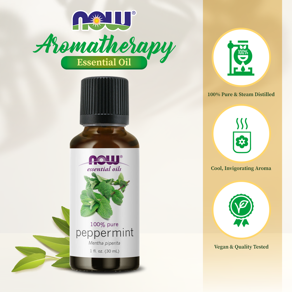 NOW FOODS Essential Oils, Peppermint Oil, Invigorating Aromatherapy Scent, Steam Distilled, 100% Pure, Vegan, Child Resistant Cap, 1-Ounce (30 ml) Essential oils NOW Foods USA