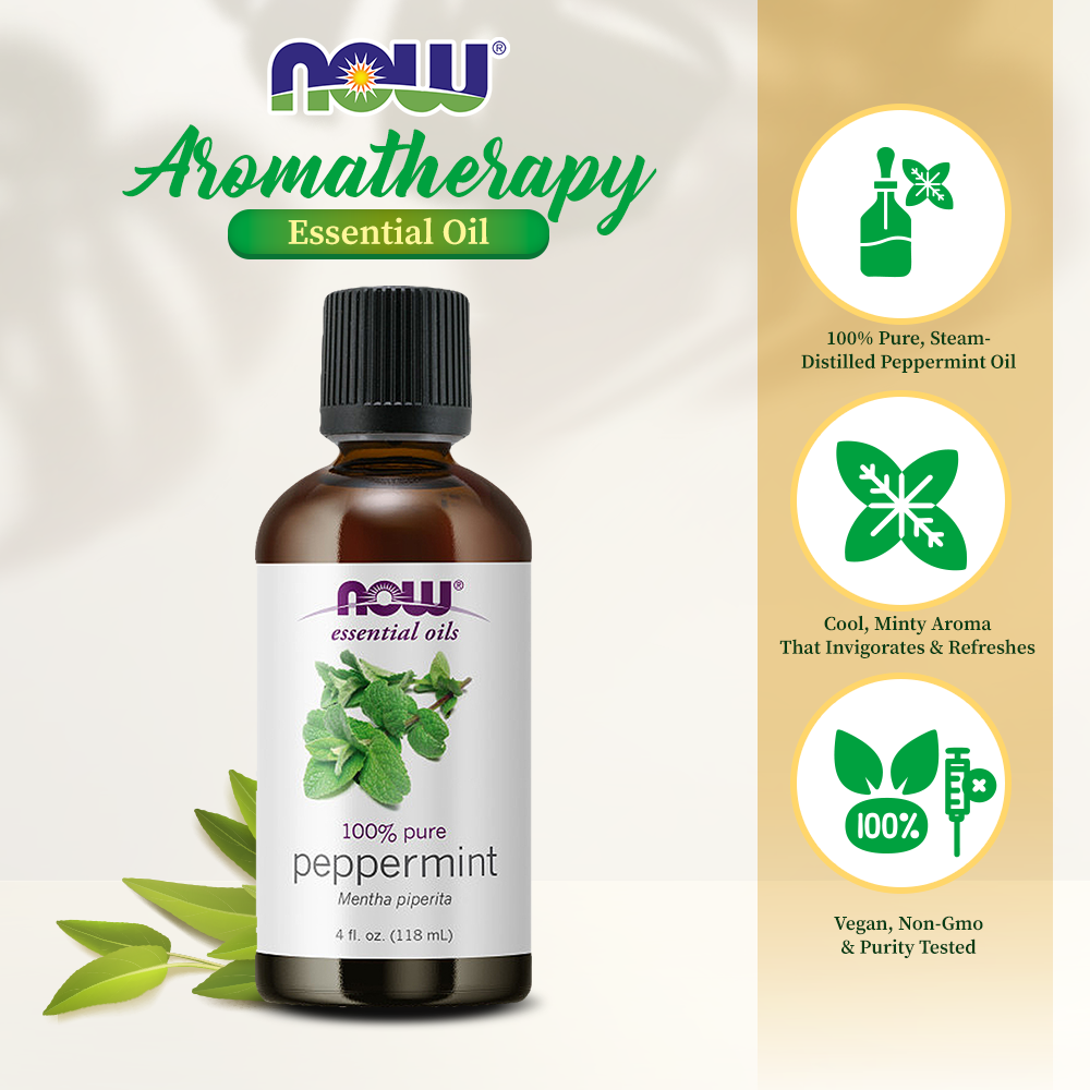NOW FOODS Essential Oils, Peppermint Oil, Invigorating Aromatherapy Scent, Steam Distilled, 100% Pure, Vegan, Child Resistant Cap, 4-Ounce (118ml) Essential oils NOW Foods USA