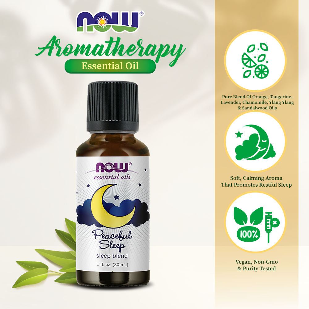 NOW Essential Oils, Peaceful Sleep Oil Blend, Relaxing Aromatherapy Scent, Blend of Pure Essential Oils, Vegan, Child Resistant Cap, 1-Ounce (30ml) Essential oils NOW Foods USA
