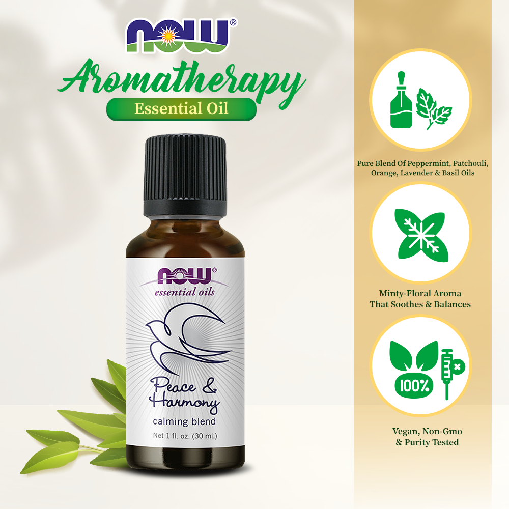 NOW Essential Oils, Peace & Harmony Oil Blend, Calming Aromatherapy Scent, Blend of Pure Essential Oils, Vegan, Child Resistant Cap, 1-Ounce (30ml) Essential oils NOW Foods USA