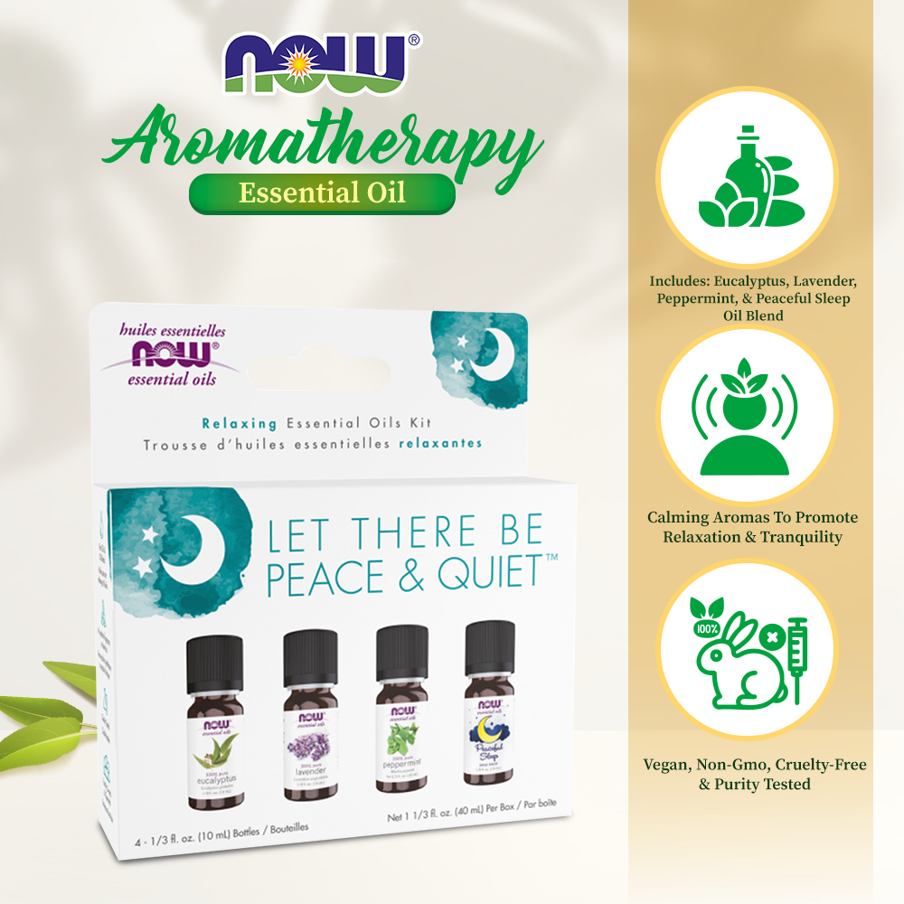 NOW Let There Be Peace & Quiet Aromatherapy Kit, 4x 10ml Incl Lavender Oil, Peppermint Oil, Eucalyptus Oil and Peaceful Sleep Oil Blend Essential oils NOW Foods USA