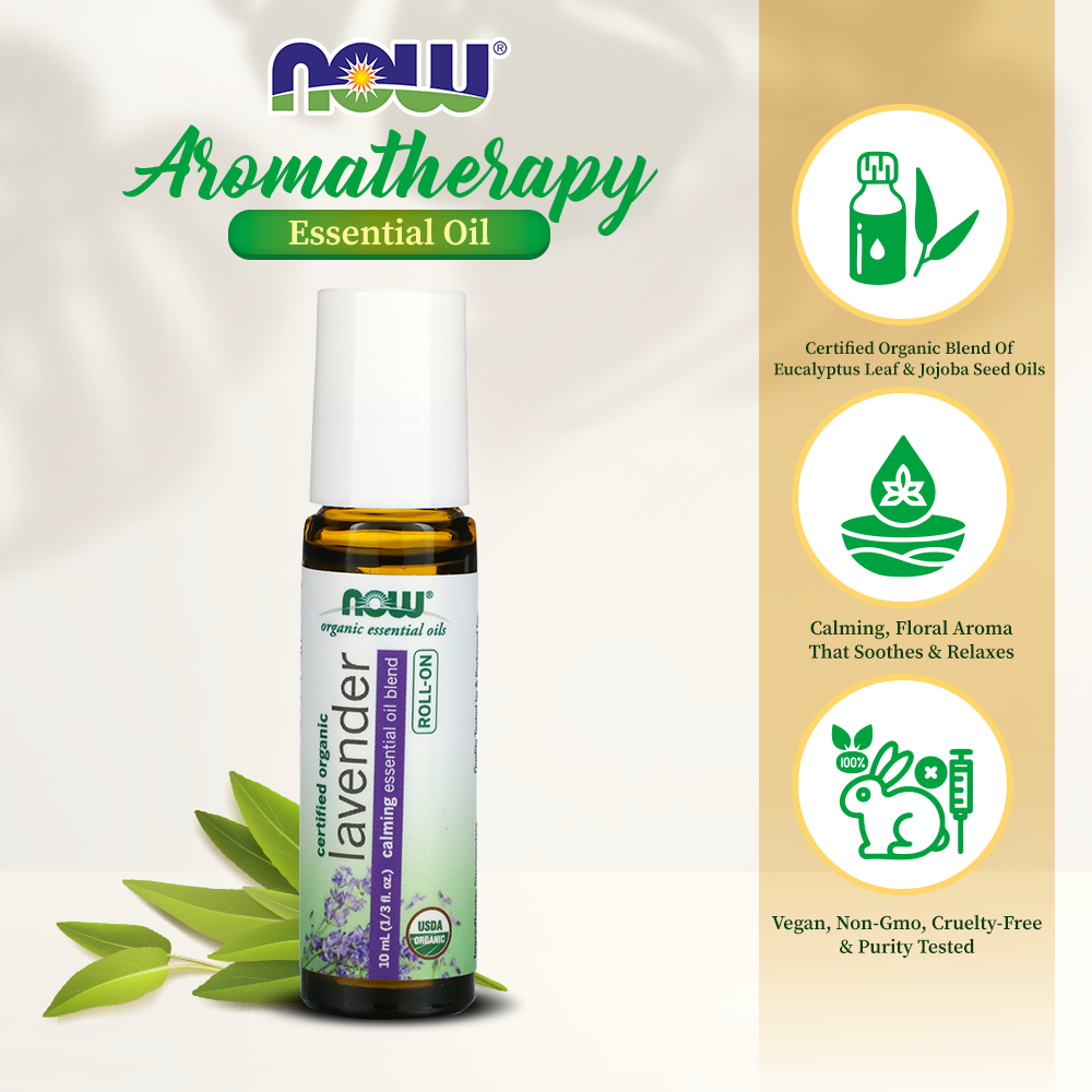 NOW Essential Oils, Lavender Roll-On, Certified Organic, Calming Blend, Steam Distilled, Topical Aromatherapy, 10-mL Essential oils NOW Foods USA
