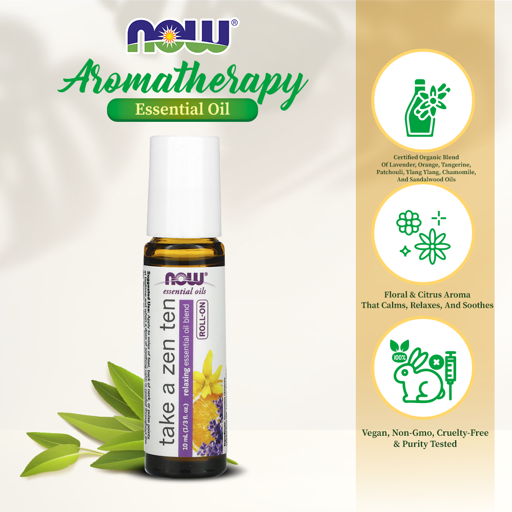 NOW Essential Oils, Take A Zen Ten Roll On, Non-GMO Project Verified, Relaxing Blend, Steam Distilled, Topical Aromatherapy, 10-mL Essential oils NOW Foods USA