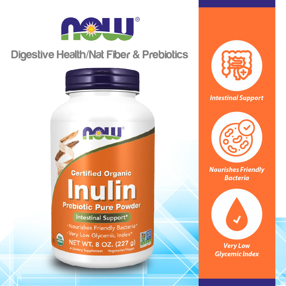 NOW Supplements, Inulin Prebiotic Pure Powder, Certified Organic, Non-GMO Project Verified, Intestinal Support*, 8-Ounce (227g) Vitamins & Supplements NOW Foods USA