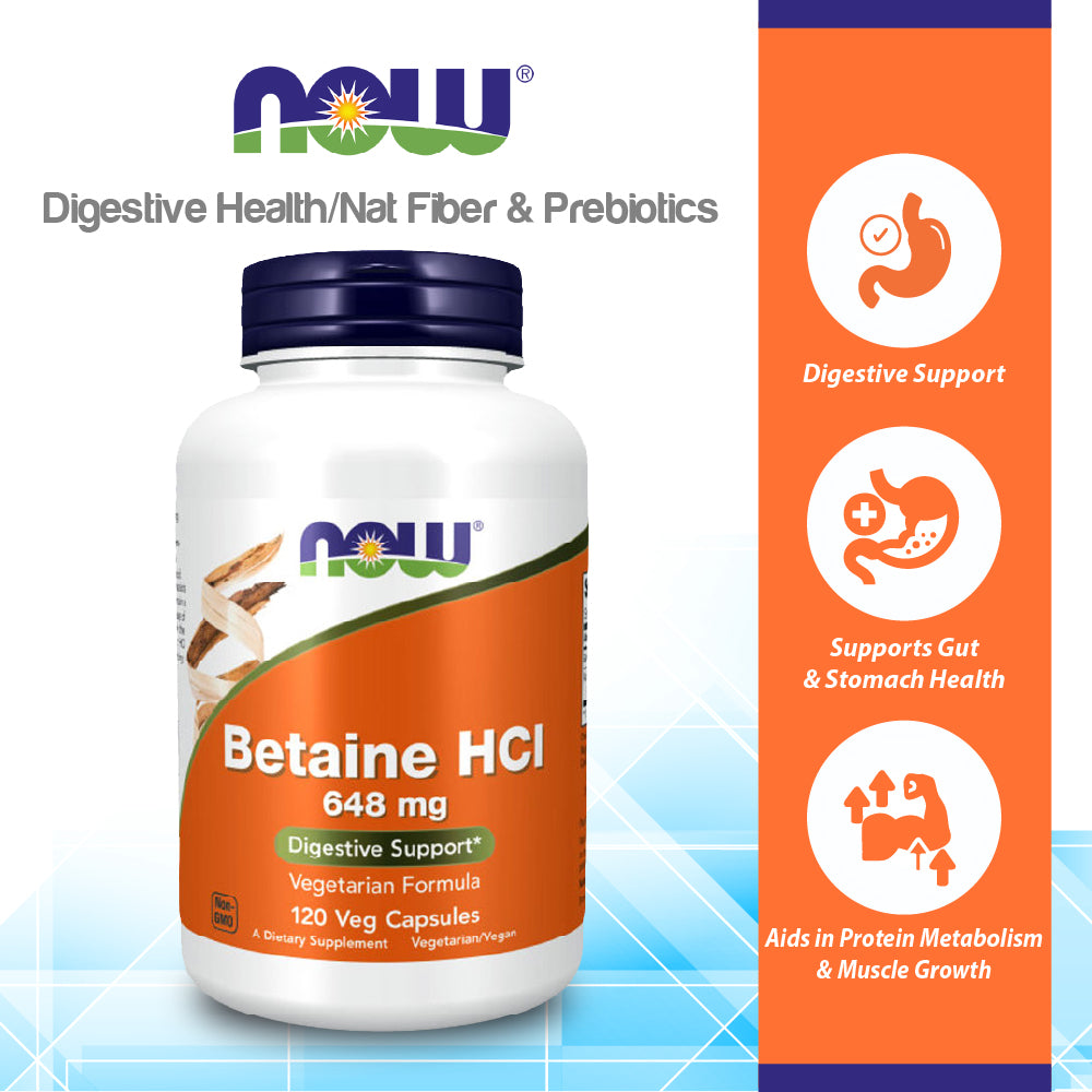 NOW Supplements, Betaine HCl 648 mg, Vegetarian Formula, Digestive Support*, 120 Veg Capsules Vitamins & Supplements NOW Foods USA