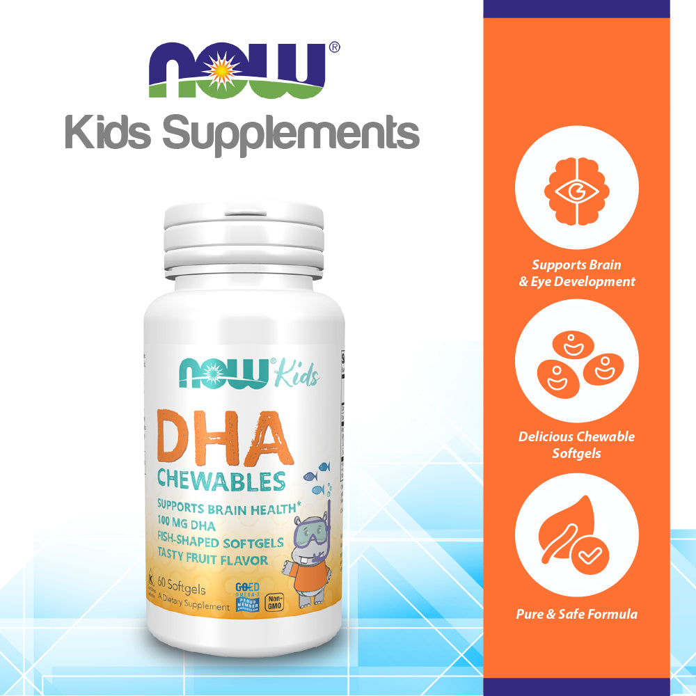 NOW Supplements, DHA Kids 100 mg, Supports Brain Health*, Fruit Flavor, 60 Chewable Softgels, (packaging may vary) Vitamins & Supplements NOW Foods USA