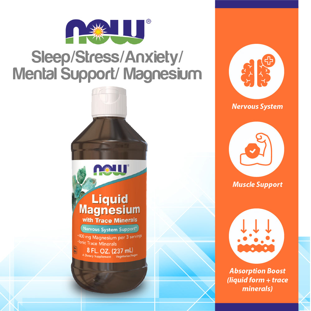 NOW Supplements, Liquid Magnesium with Trace Mineral, Nervous System Support*, 8-Ounce (237 ml) Vitamins & Supplements NOW Foods USA