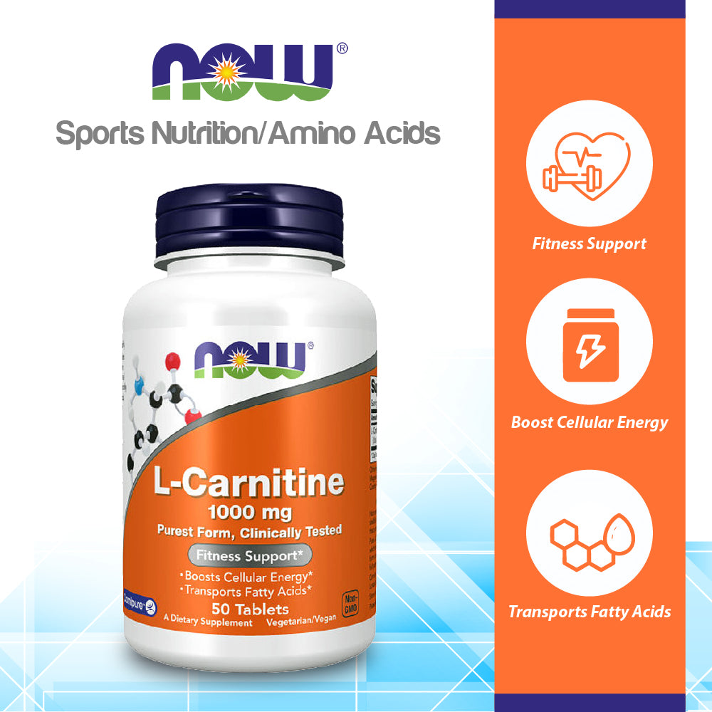 NOW Supplements, L-Carnitine 1,000 mg, Purest Form, Amino Acid, Fitness Support*, 50 Tablets Vitamins & Supplements NOW Foods USA