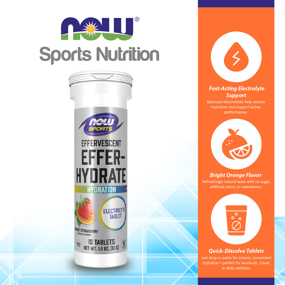 NOW Sports Nutrition, Effervescent Effer-Hydrate, Electrolyte Supplement, Recovery*, Orange Strawberry, 10 Tablets