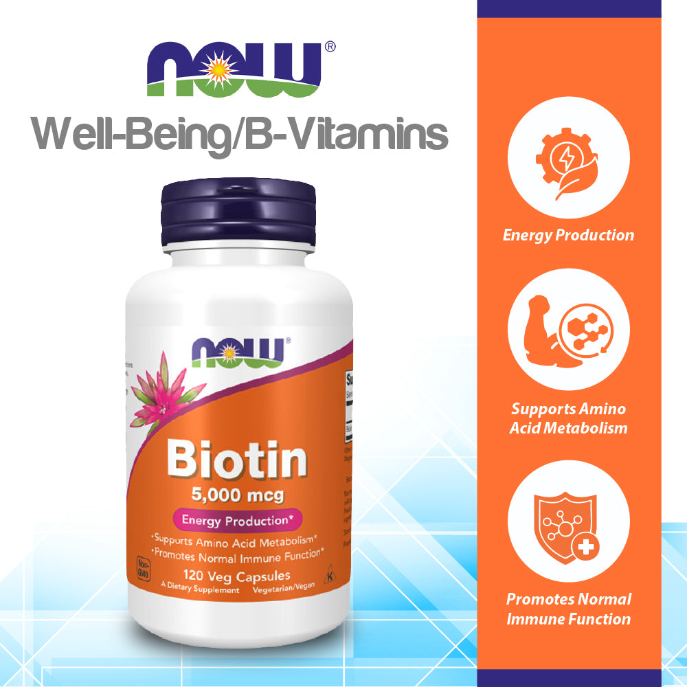 NOW Supplements, Biotin 5,000 mcg, Amino Acid Metabolism*, Energy Production*, 120 Veg Capsules Vitamins & Supplements NOW Foods USA