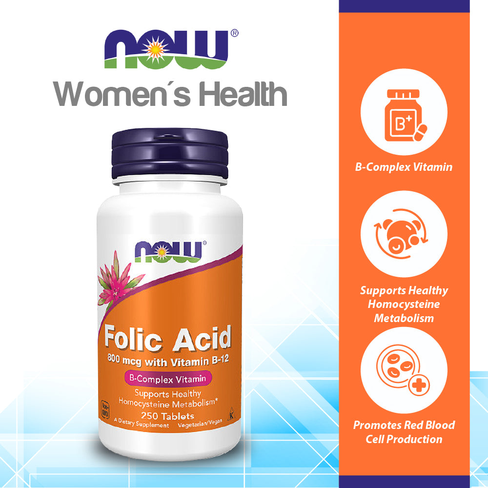 NOW Supplements, Folic Acid 800 mcg + B-12 (Cyanocobalamin) 25 mcg, B Complex Vitamin, 250 Tablets Vitamins & Supplements NOW Foods USA