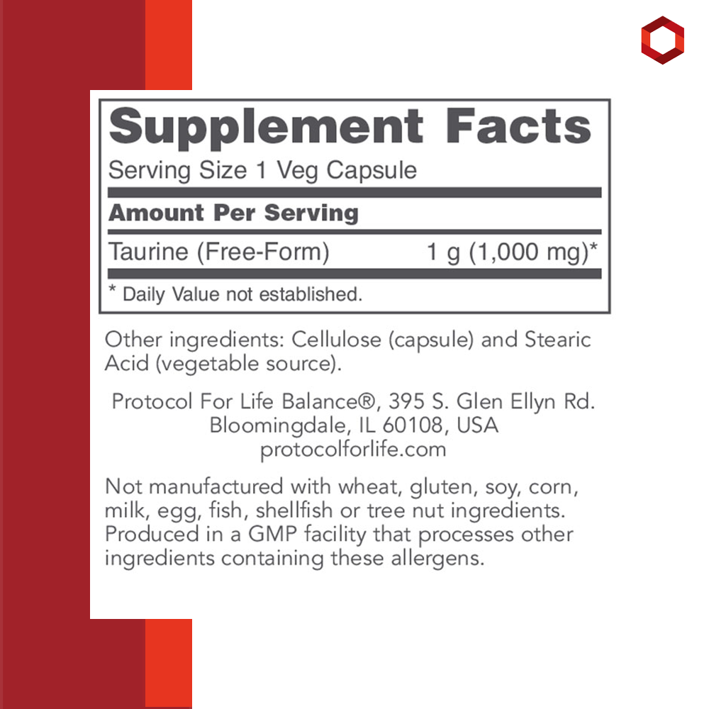 Protocol for Life Balance, Taurine, 1,000 mg, 100 Veg Capsules Supplement Protocol For Life Balance