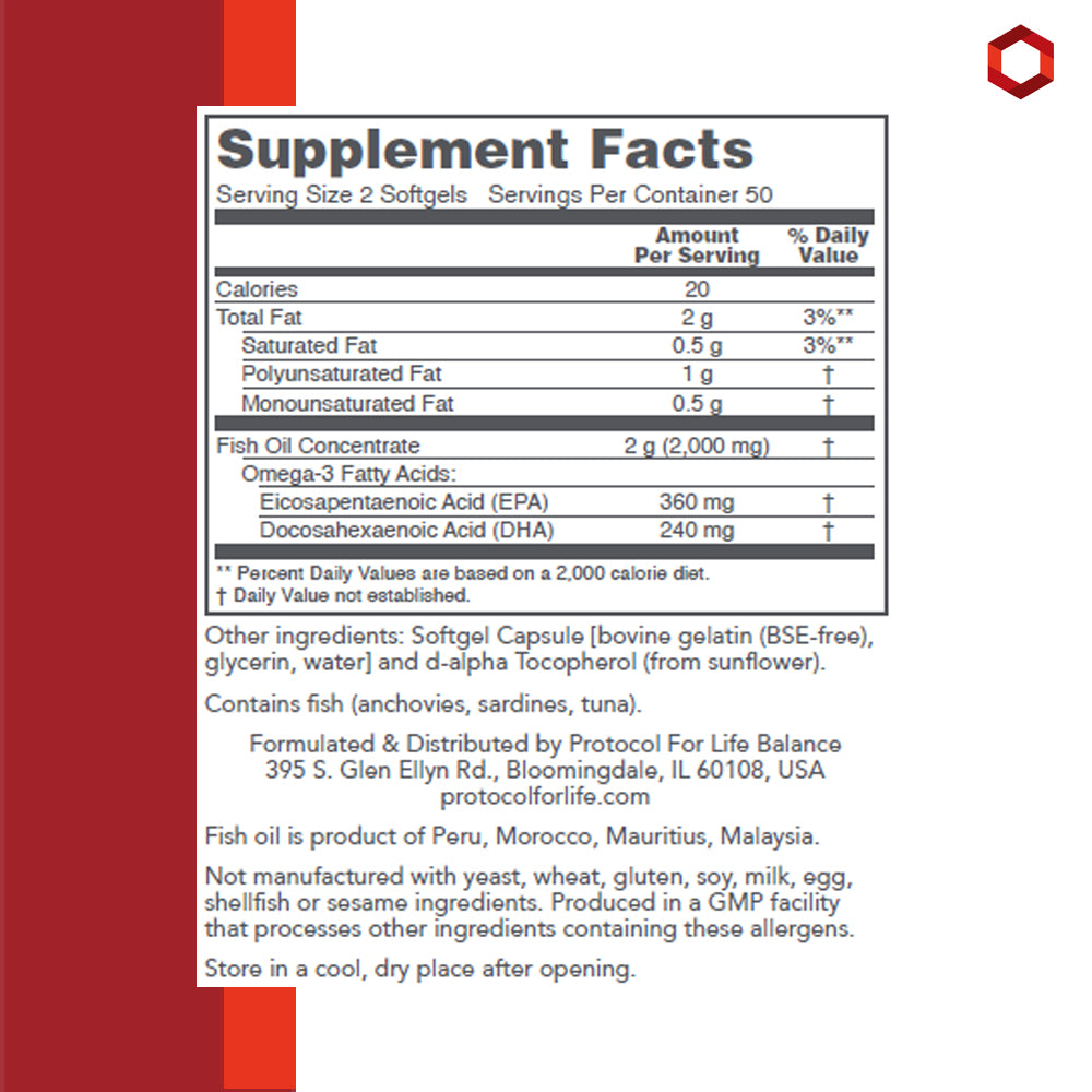 Protocol for Life Balance, Omega-3 1,000 mg Fish Oil, 100 Softgels omega 3 Protocol For Life Balance