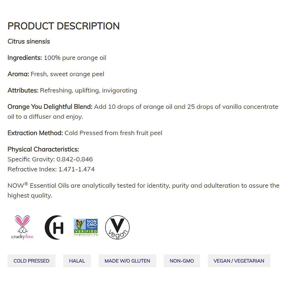 NOW FOODS Essential Oils, Orange Oil, Uplifting Aromatherapy Scent, Cold Pressed, 100% Pure, Vegan, Child Resistant Cap, 1-Ounce(30 ml) Essential oils NOW Foods USA