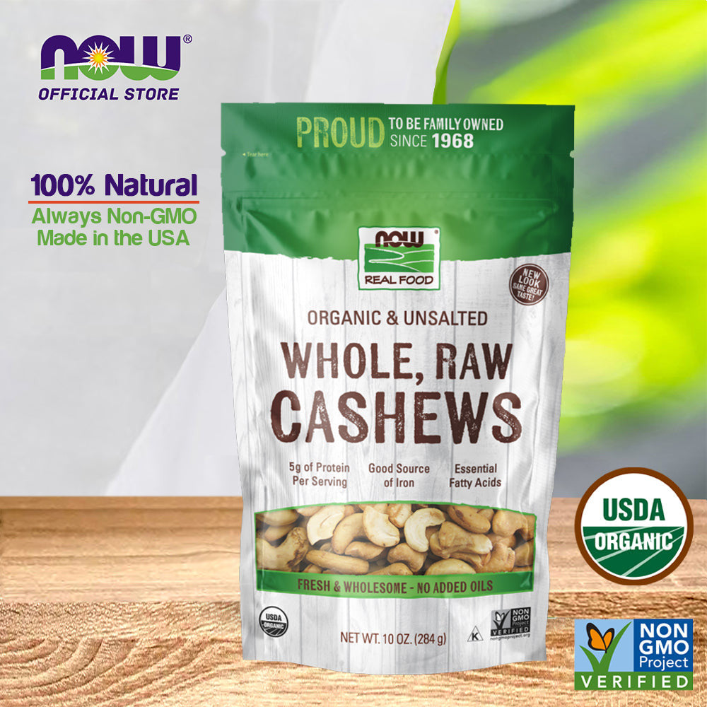(Best by 11/24) NOW Foods, Certified Organic Cashews, Whole, Raw and Unsalted, Rich Buttery Flavor, 10-Ounce (284g) - Bloom Concept