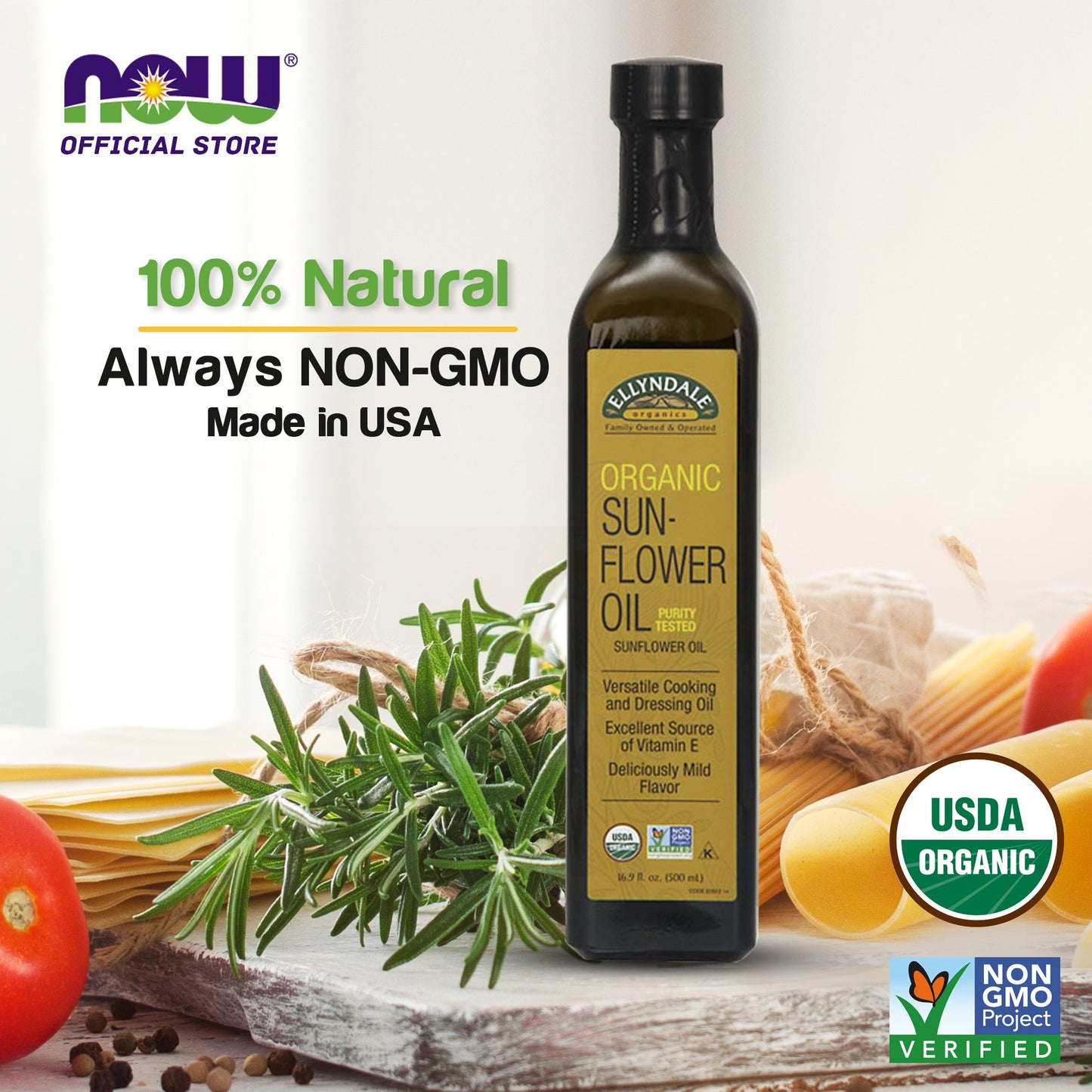 NOW Foods, Certified Organic Sunflower Oil, Tested for Purity, Versatile, Excellent Source of Vitamin E, Deliciously Mild Flavor, (500ml) - Bloom Concept
