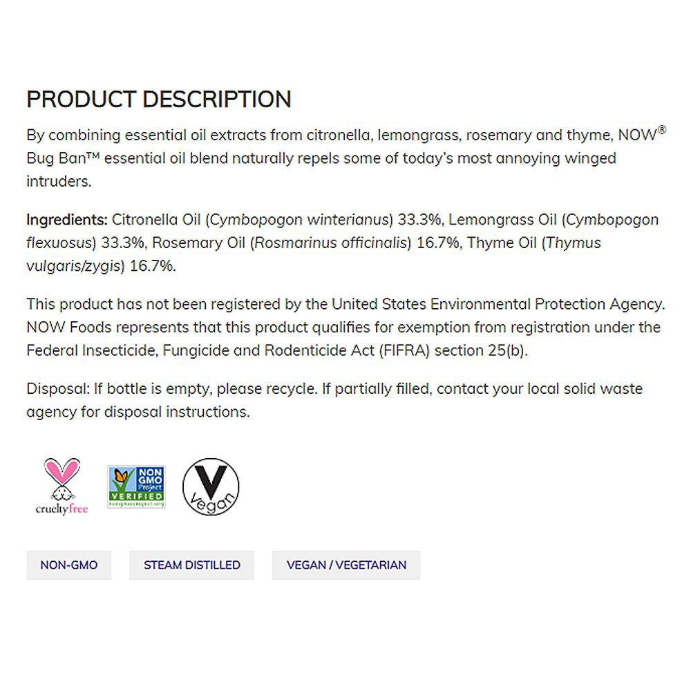 NOW Essential Oils, Bug Ban Blend, Bug-Repelling Essential Oil Blend for Inside and Outside Usage, Made with Pure Essential Oils, Vegan, Child Resistant Cap, 1-Ounce (30ml) Essential oils NOW Foods USA