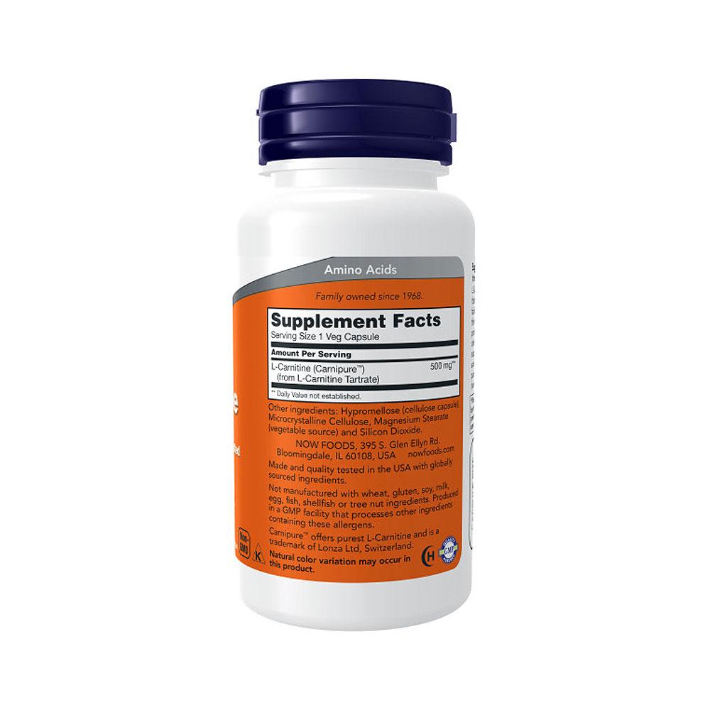 NOW FOODS Supplements, L-Carnitine 500mg, Purest Form, Amino Acid, Fitness Support*, 60 Veg Capsules - Bloom Concept
