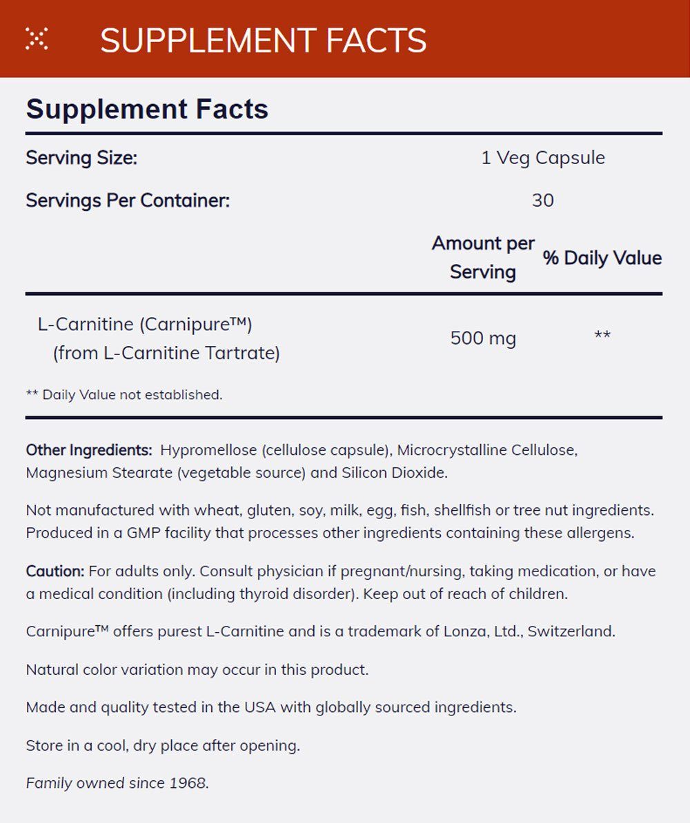 NOW FOODS Supplements, L-Carnitine 500mg, Purest Form, Amino Acid, Fitness Support*, 60 Veg Capsules - Bloom Concept