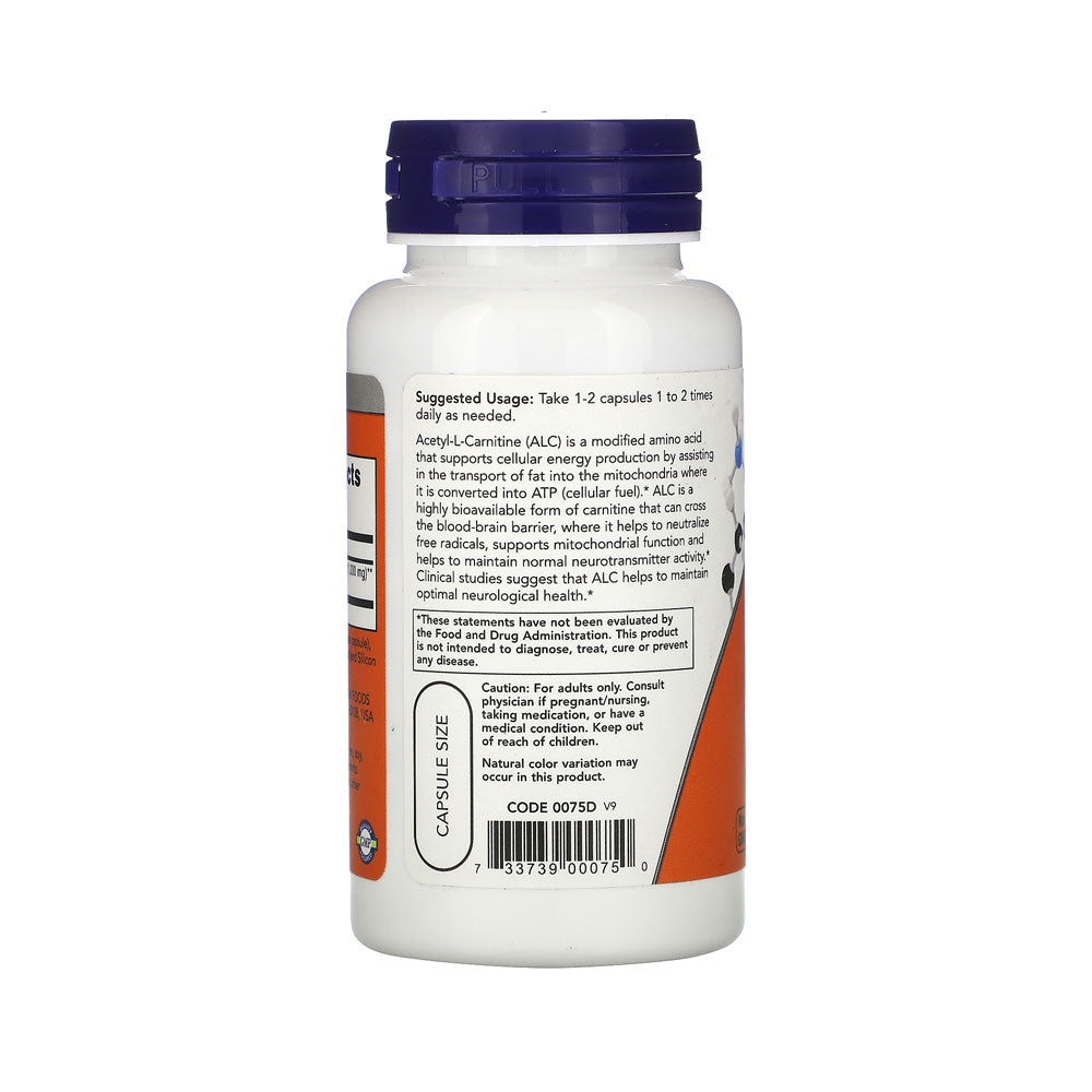 NOW Supplements, Acetyl-L Carnitine 500 mg, Amino Acid, Brain And Nerve Cell Function*, 50 Veg Capsules - Bloom Concept