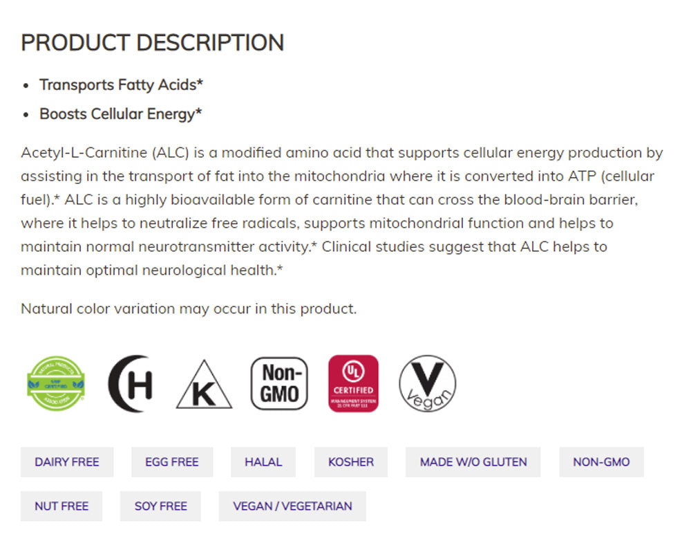 NOW Supplements, Acetyl-L Carnitine 500 mg, Amino Acid, Brain And Nerve Cell Function*, 50 Veg Capsules - Bloom Concept