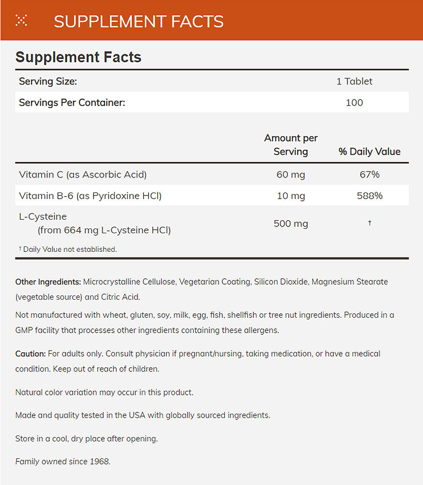 NOW Supplements, L-Cysteine 500 mg with Vitamins B-6 and C, Structural Support*, 100 Tablets Vitamins & Supplements NOW Foods USA