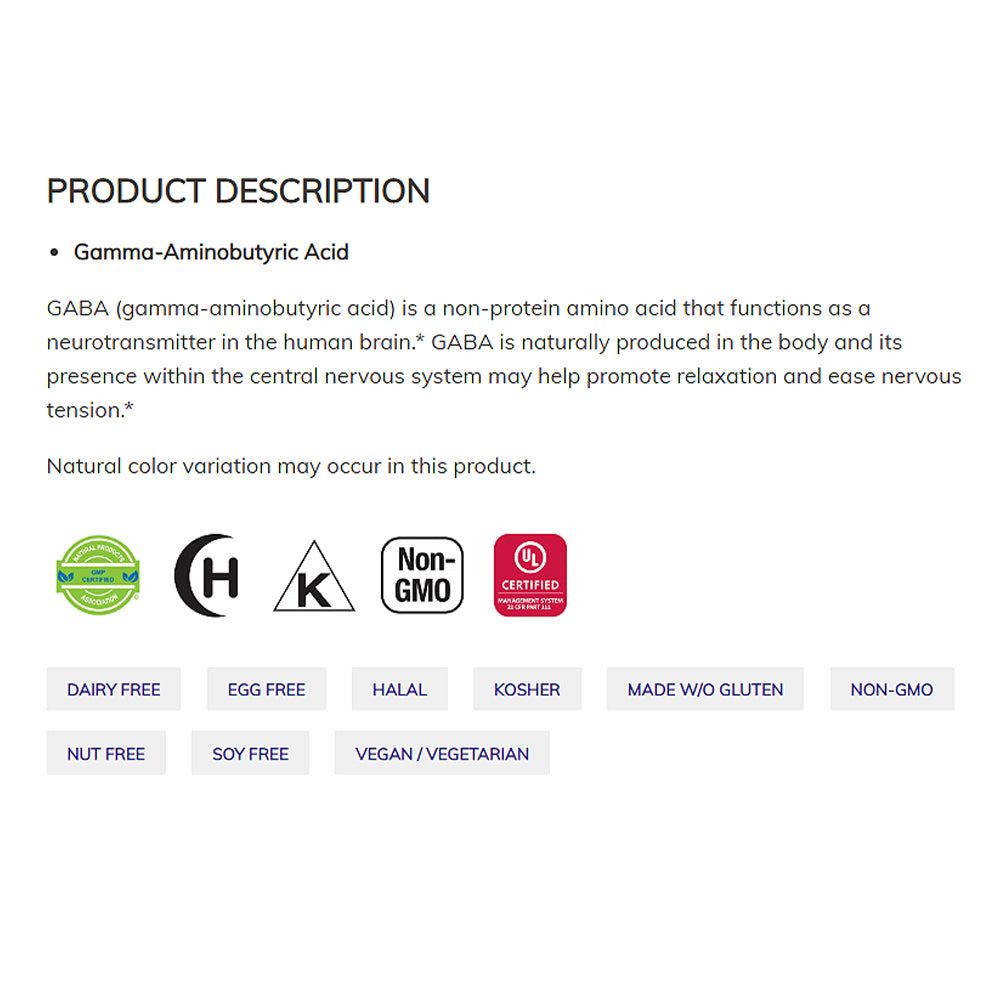 NOW Supplements, GABA (Gamma-Aminobutyric Acid) 750mg, Neurotransmitter Support*, 100 Veg Capsules - Bloom Concept