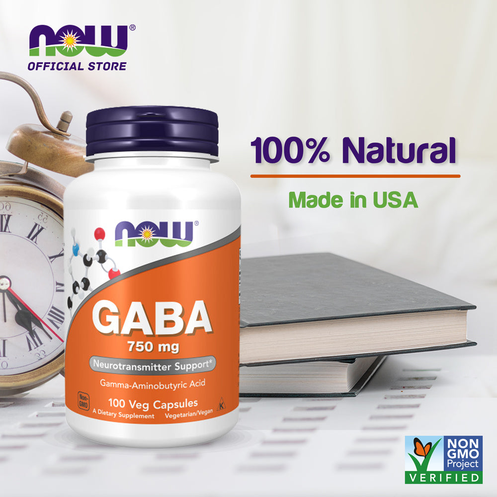 NOW Supplements, GABA (Gamma-Aminobutyric Acid) 750mg, Neurotransmitter Support*, 100 Veg Capsules - Bloom Concept