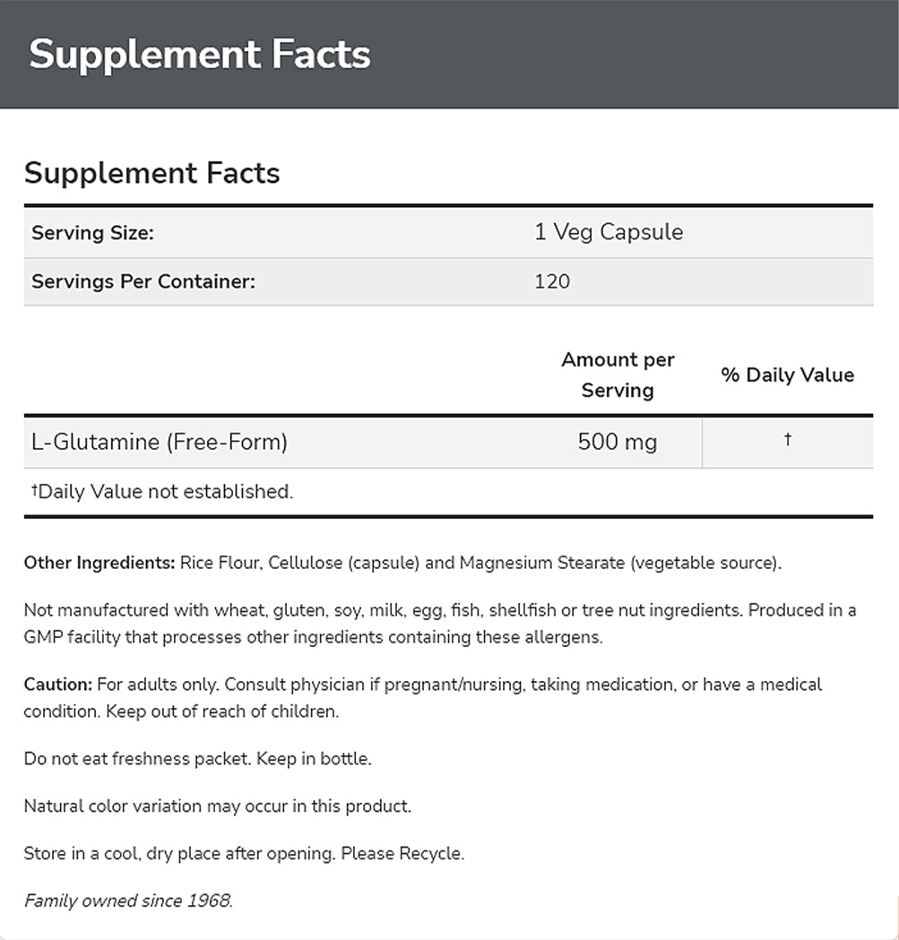 NOW Foods, L-Glutamine 500 mg, Nitrogen Transporter, Amino Acid, 120 Veg Capsules - Bloom Concept
