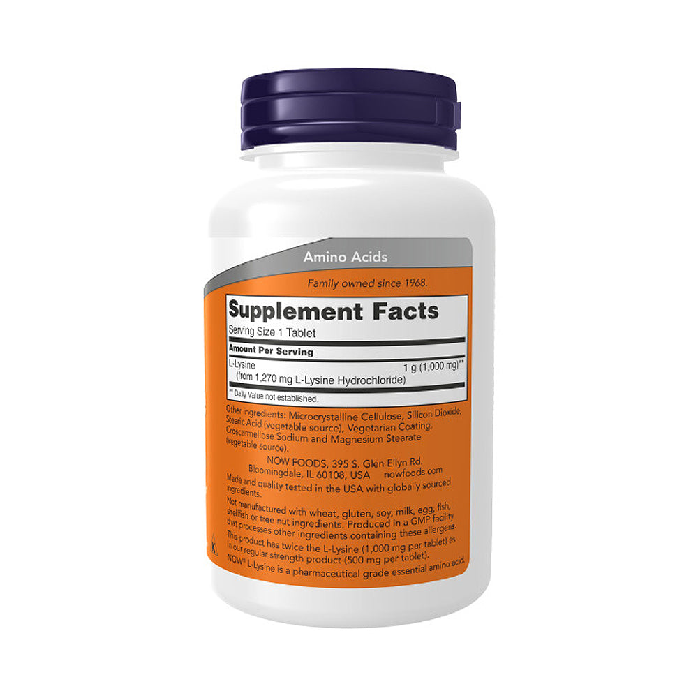 NOW Supplements, L-Lysine (L-Lysine Hydrochloride) 1,000 mg, Double Strength, Amino Acid, 100 Tablets - Bloom Concept