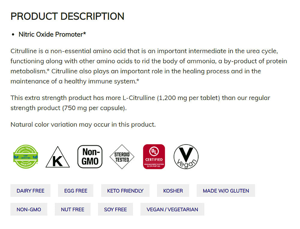 NOW Sports Nutrition, L-Citrulline, Extra Strength 1,200 mg, Amino Acid, 120 Tablets Vitamins & Supplements NOW Foods USA