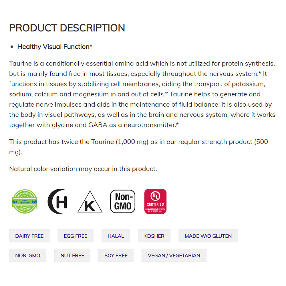 NOW Supplements, Taurine 1,000 mg, Double Strength, Nervous System Health*, 100 Veg Capsules - Bloom Concept