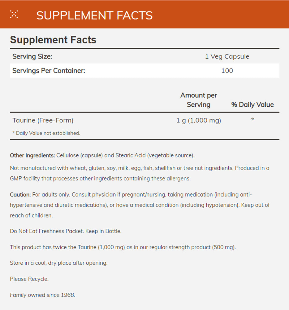 NOW Supplements, Taurine 1,000 mg, Double Strength, Nervous System Health*, 100 Veg Capsules - Bloom Concept