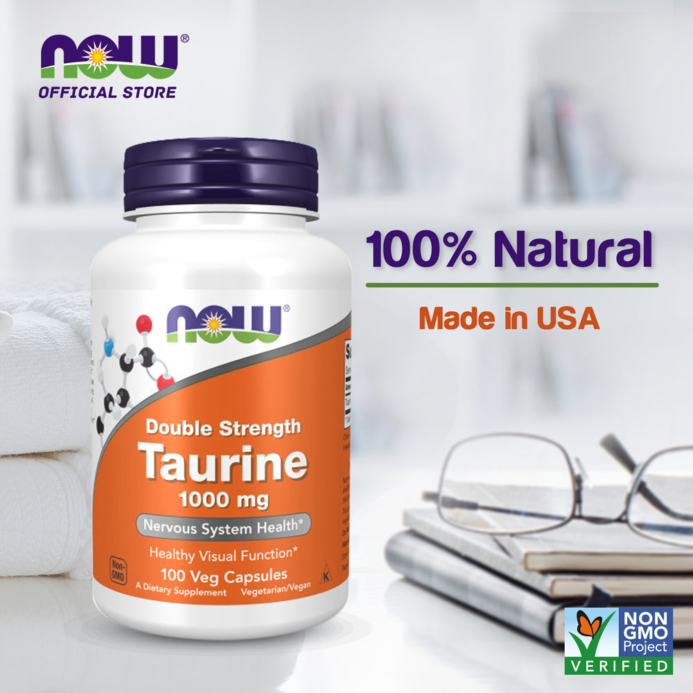 NOW Supplements, Taurine 1,000 mg, Double Strength, Nervous System Health*, 100 Veg Capsules - Bloom Concept