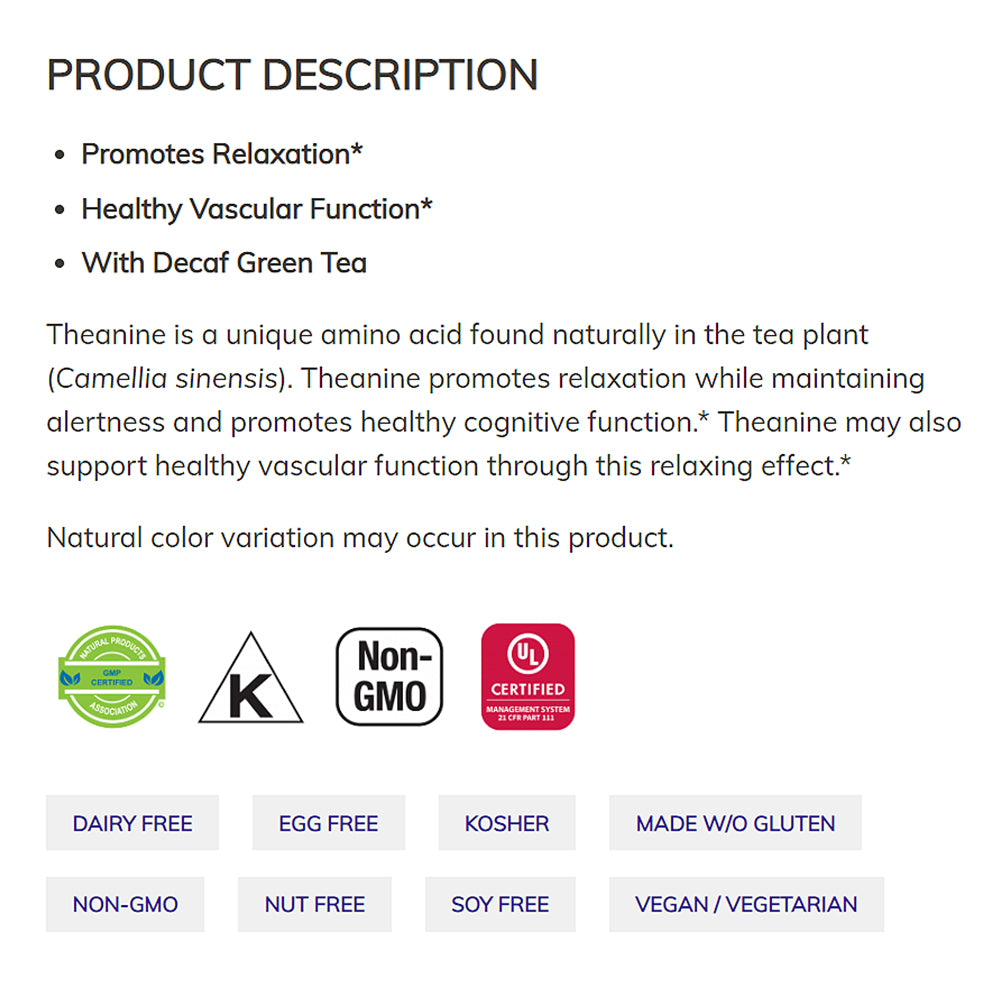 NOW Supplements, L-Theanine 100 mg with Decaf Green Tea, Stress Management*, 90 Veg Capsules - Bloom Concept