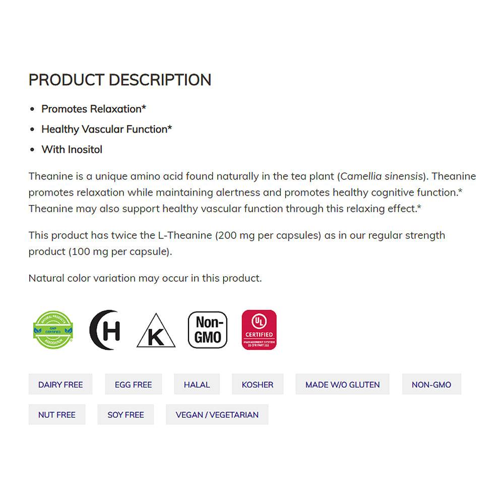 NOW Supplements, L-Theanine 200 mg with Inositol, Stress Management*, 60 Veg Capsules - Bloom Concept