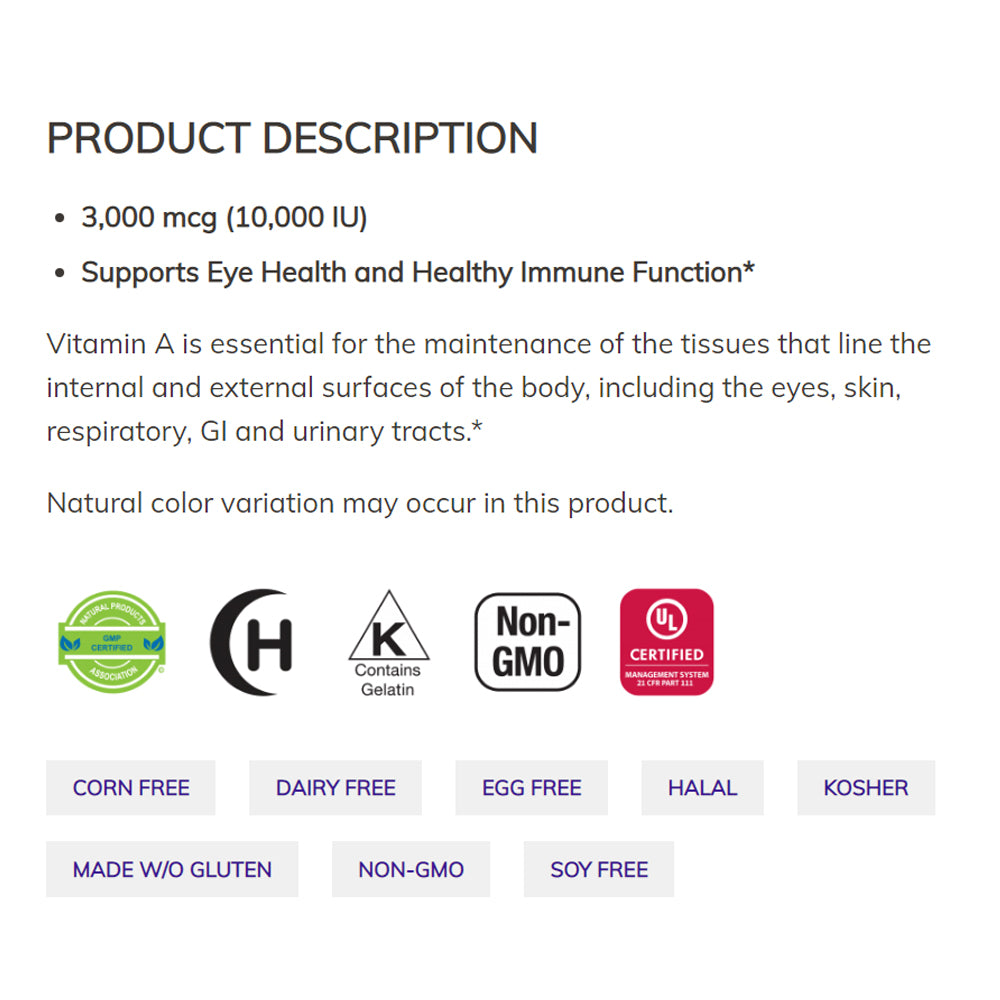 NOW Supplements, Vitamin A 10,000 IU, Eye Health*, Essential Nutrition, 100 Softgels - Bloom Concept