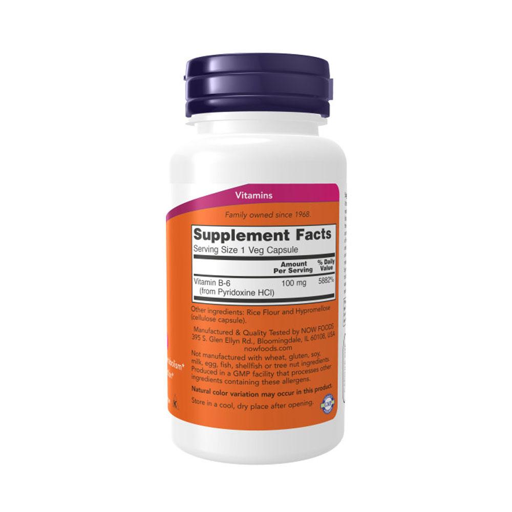 NOW FOODS Supplements, Vitamin B-6 (Pyridoxine HCl) 100 mg, Cardiovascular Health*, 100 Veg Capsules - Bloom Concept
