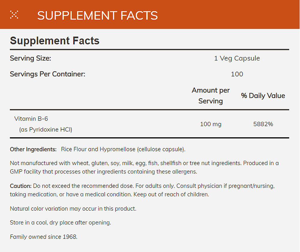 NOW FOODS Supplements, Vitamin B-6 (Pyridoxine HCl) 100 mg, Cardiovascular Health*, 100 Veg Capsules - Bloom Concept