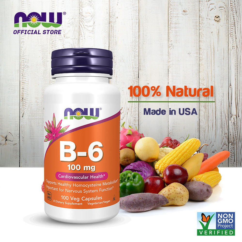NOW FOODS Supplements, Vitamin B-6 (Pyridoxine HCl) 100 mg, Cardiovascular Health*, 100 Veg Capsules - Bloom Concept