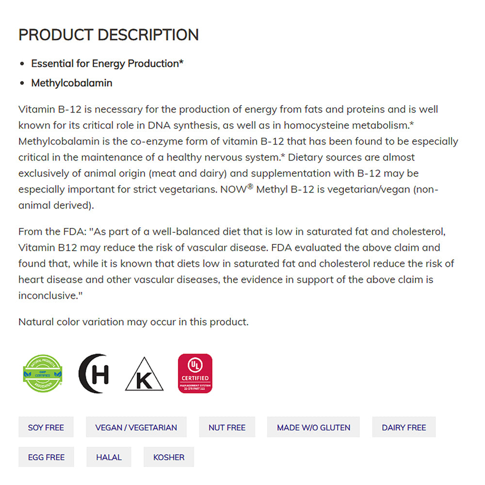 NOW Supplements, Methyl B-12 (Methylcobalamin) 1,000 mcg, Nervous System Health*, 100 Lozenges - Bloom Concept