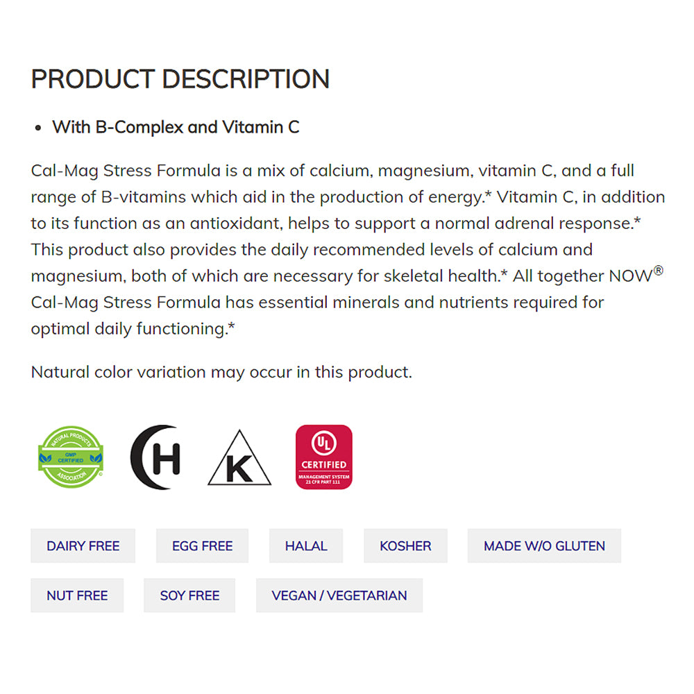 NOW Supplements, Cal-Mag Stress Formula with B-Complex and Vitamin C, 100 Tablets - Bloom Concept